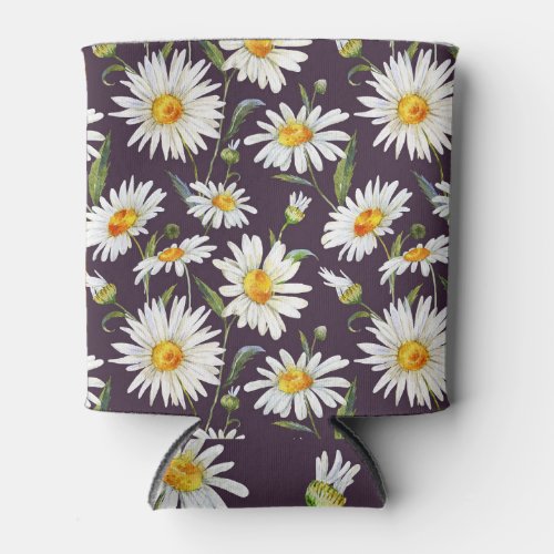 Daisy Watercolor Dark Floral Seamless Can Cooler