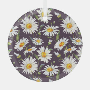 Daisy Watercolor: Dark Floral Seamless Glass Ornament