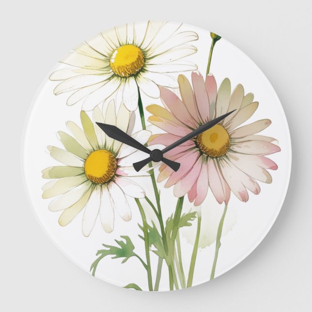 Daisy Watercolor Flower Modern Professional Large Clock (Front)