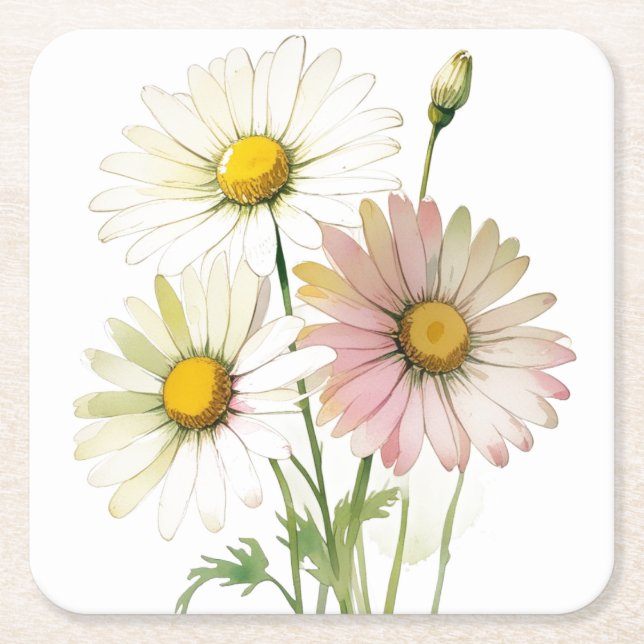 Daisy Watercolor Flower Modern Professional Square Paper Coaster (Front)