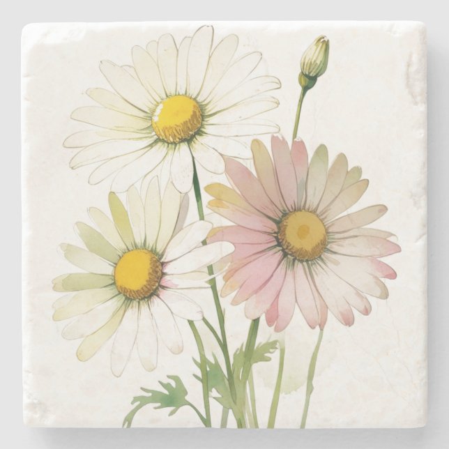 Daisy Watercolor Flower Modern Professional Stone Coaster (Front)