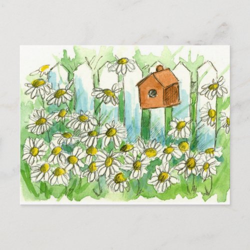 Daisy Watercolor Flowers Bird House Postcard