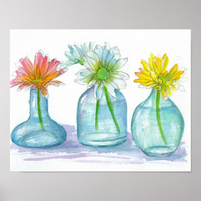 Daisy Watercolor Painting Pink Yellow Daisies Poster (Front)