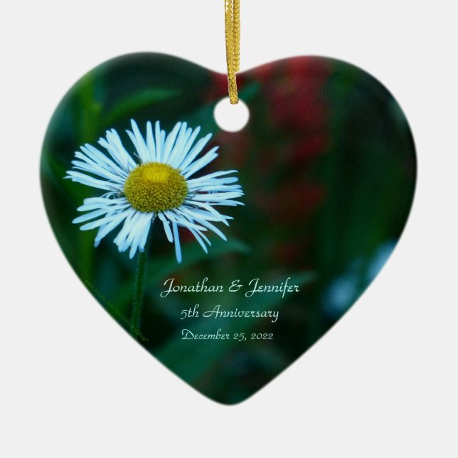 Daisy Wedding Anniversary Heart Shaped Ceramic Ornament (Front)