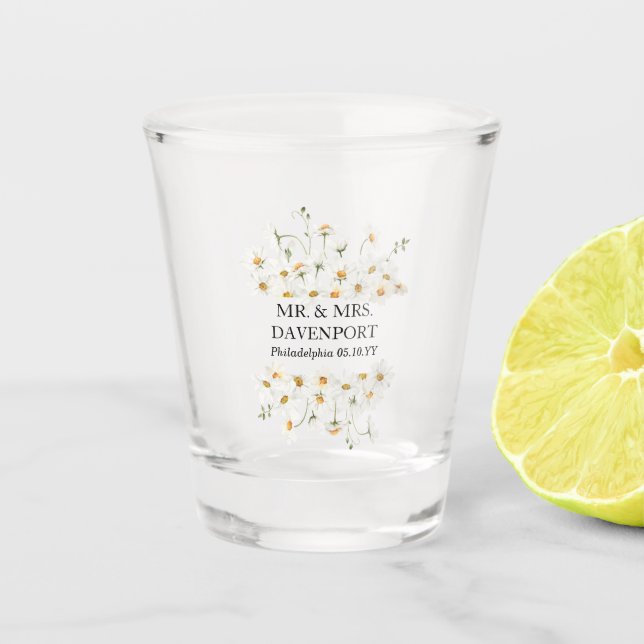 Daisy Wedding Mr & Mrs Monogram Shot Glass Favor (Front)