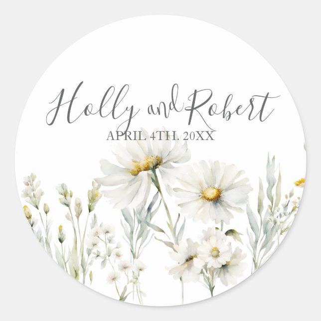Daisy Wedding Script Classic Round Sticker (Front)