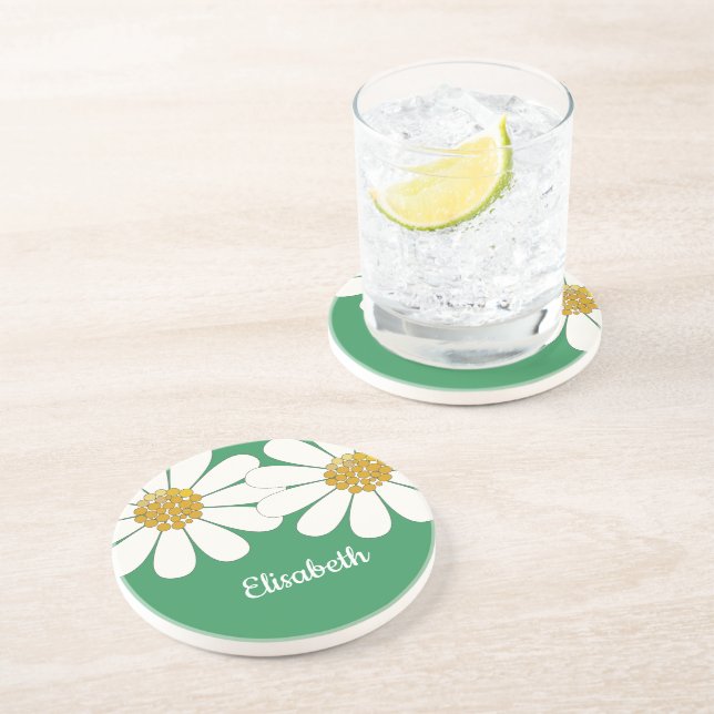 Daisy-white floral desing personalize name  coaster (Side)