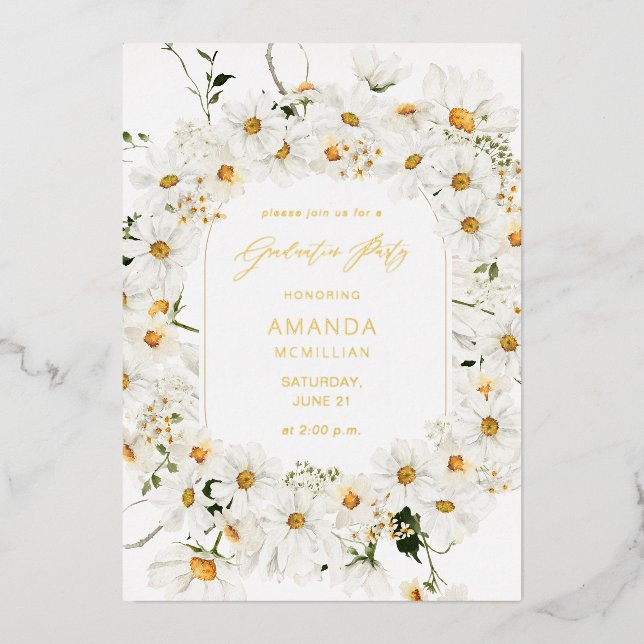 Daisy White Floral Graduation Party  Foil Invitation (Front)