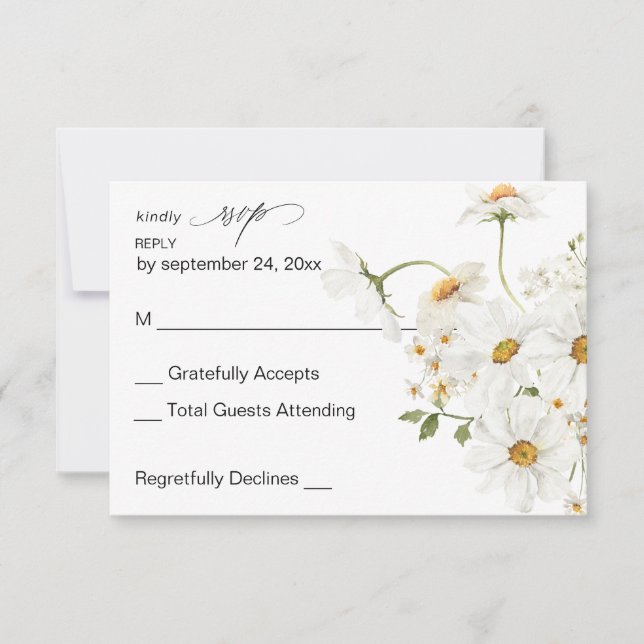 Daisy White Floral no Meal RSVP 4 Card (Front)