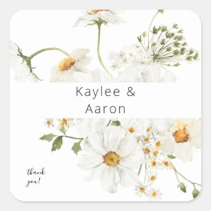 Daisy White Floral Thank You Square Sticker