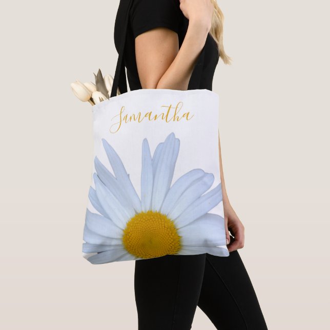 Daisy White Yellow Script Tote Bag (Close Up)