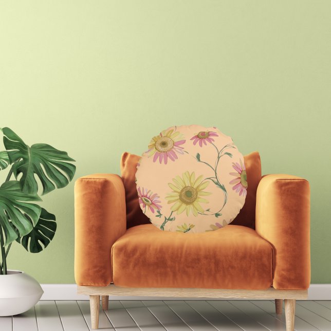 Daisy Wild flower Pink & Yellow Pattern on Round Pillow (Creator Uploaded)