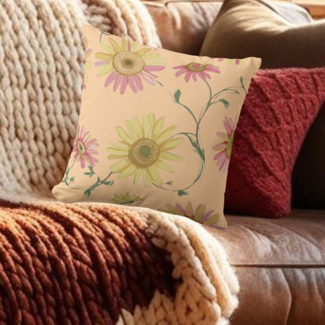 Daisy Wild flower Pink & Yellow Pattern on Throw Pillow (Creator Uploaded)