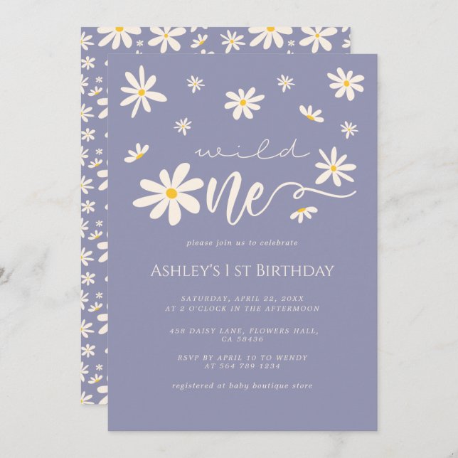 Daisy Wild One 1st Birthday Boho Purple  Invitation (Front/Back)