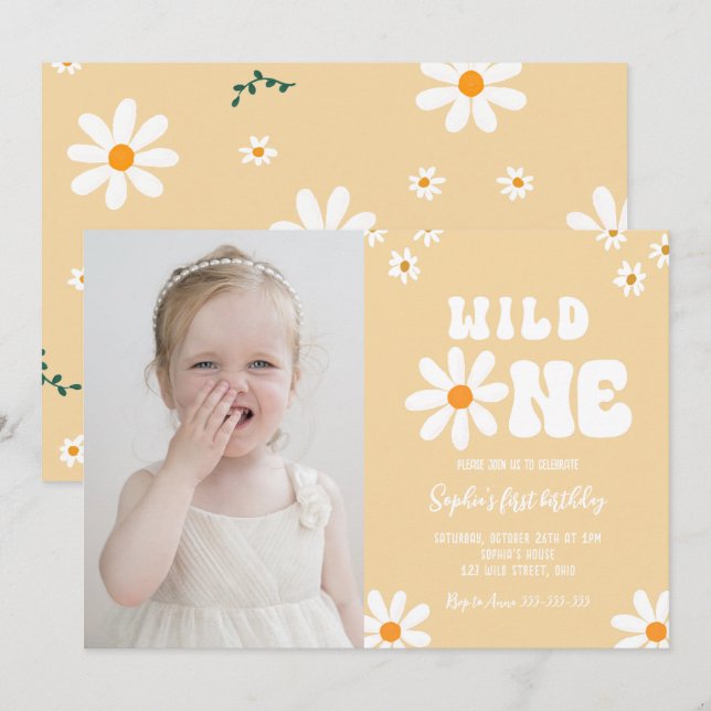 Daisy Wild One 1st Birthday Party Boho Photo Invitation (Front/Back)