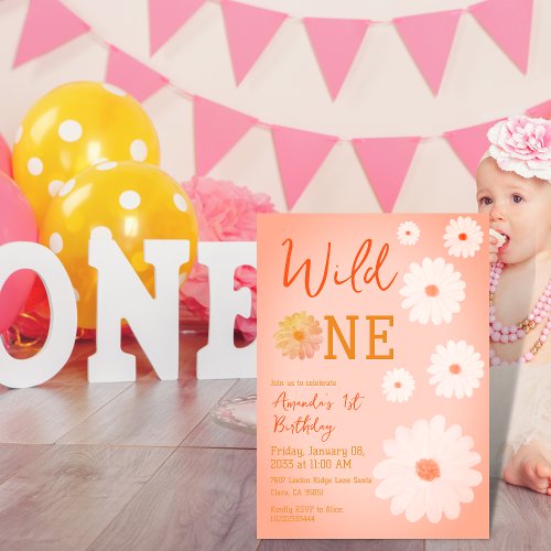 Daisy Wild One First 1st Birthday Girl Floral  Invitation