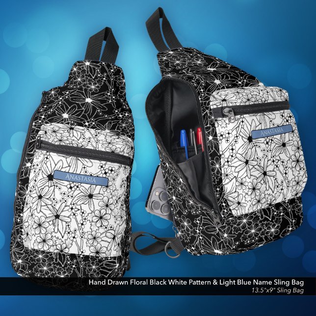 Daisy Wildflower Black White Pattern & Blue Name Sling Bag (Sling Bag: Hand Drawn Floral Pattern in Black White, Personalized with Name in Blue)