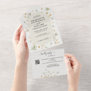 Daisy Wildflower Wedding Qr code Rsvp All In One Invitation