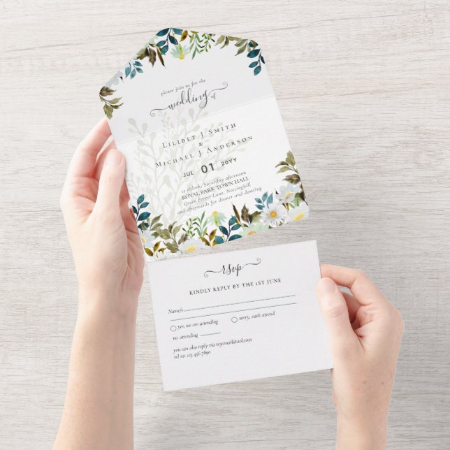 Daisy Wildflowers Greenery Wedding All In One Invitation (Tearaway)