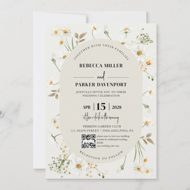 Daisy Wildflowers modern Wedding QR code Invitation (Front)