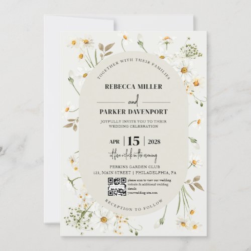 Daisy Wildflowers modern Wedding QR code Invitation