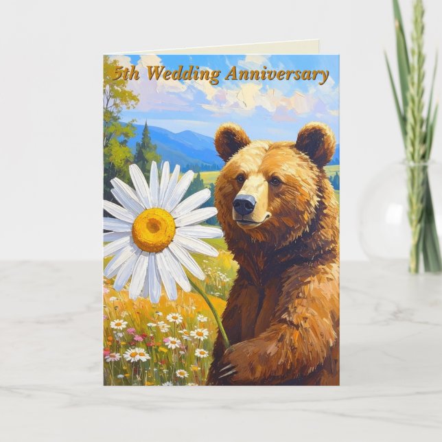 Daisy & Wood Milestone Bear | 5th Wedding Anniv Card (Front)