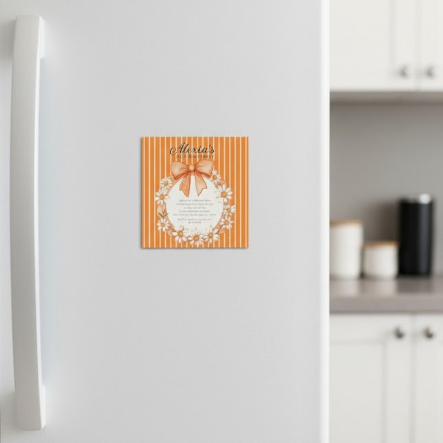 Daisy Wreath Orange Stripe Birthday Thin Magnetic  Magnetic Invitation (Creator Uploaded)