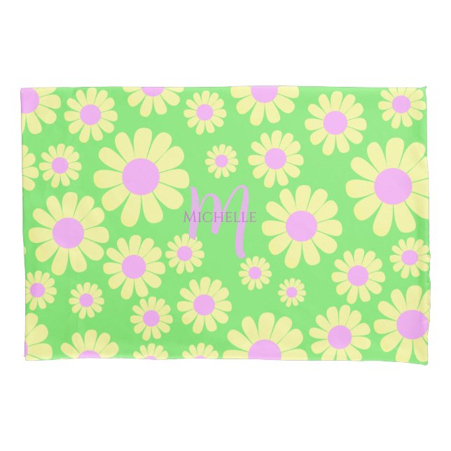 Daisy Yellow Green Monogram Pillow Case (Front)