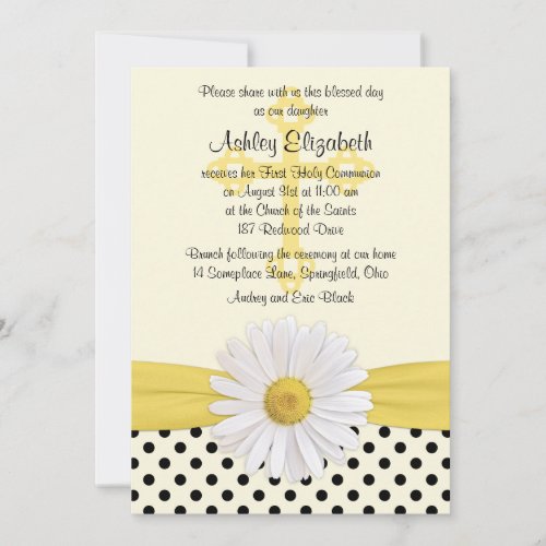 Daisy yellow ivory white polka dot First Communion Personalized Announcement