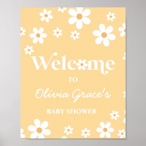 Daisy yellow Retro Peace Love Baby Shower Welcome Poster