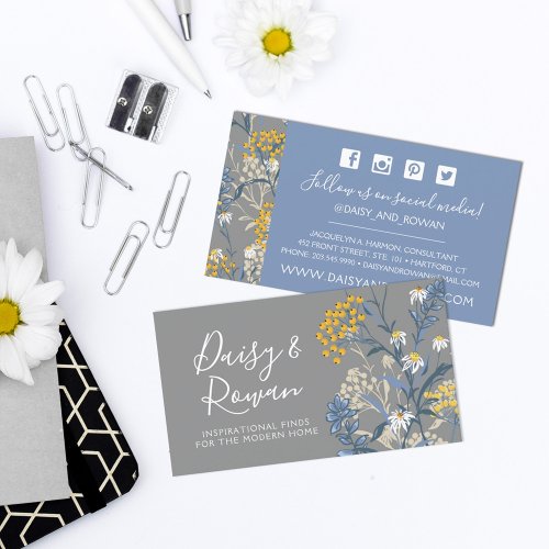 Daisy  Yellow Rowan Berries Floral Social Media Business Card