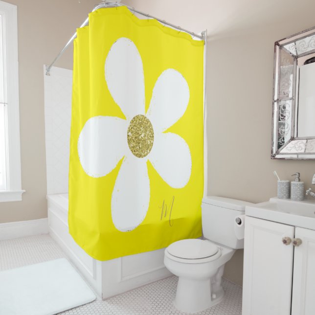 Daisy Yellow White Simple  Floral Gold Personal Shower Curtain (In Situ)