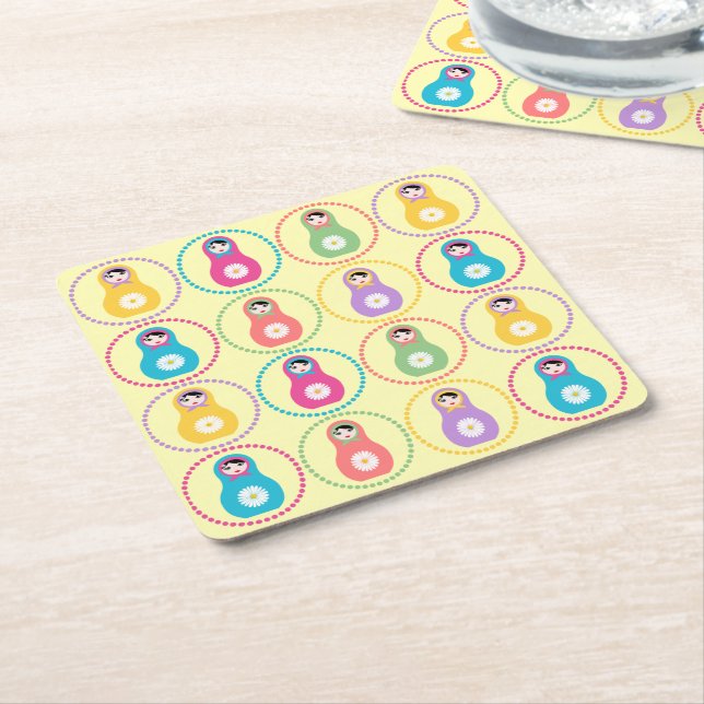 Daisyflower Matryoshka Square Paper Coaster (Angled)