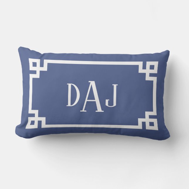 DAJ Blue and White Greek Key Monogram Lumbar Pillow (Front)