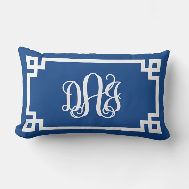 DAJ Blue and White Greek Key Script Monogram Lumbar Pillow (Front)
