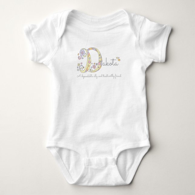Dakota girls D name meaning monogram baby apparel Bodysuit (Front)