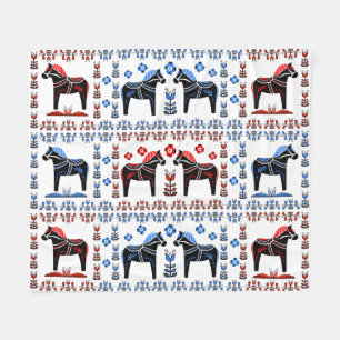 Dala folk black horse, Norwegian, blue/red Fleece Blanket