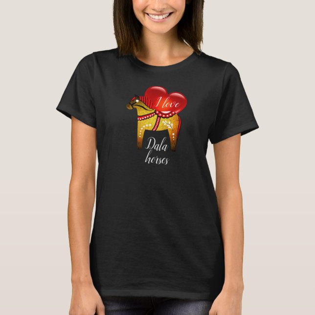 Dala folk horse, black/red/yellow/white red heart T-Shirt (Front)