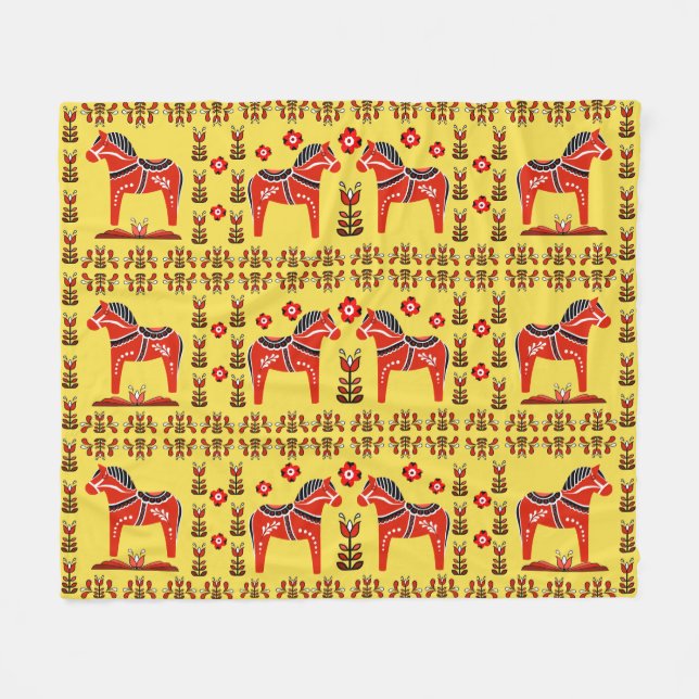 Dala folk horse, Nordic/Norwegian, red/yellow Fleece Blanket (Front (Horizontal))