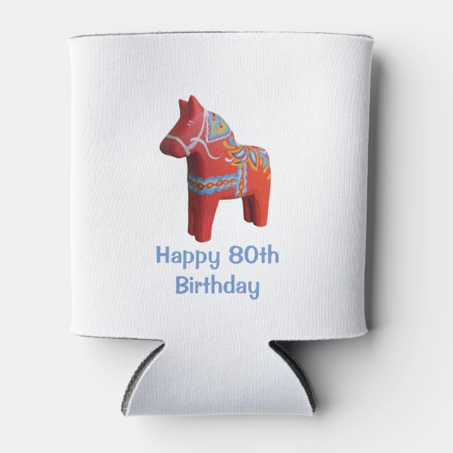 Dala Horse 80th Birthday Can Cooler (Front)