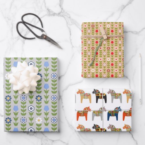Dala Horse And Floral Swedish Folk Art Pattern Wrapping Paper Sheets