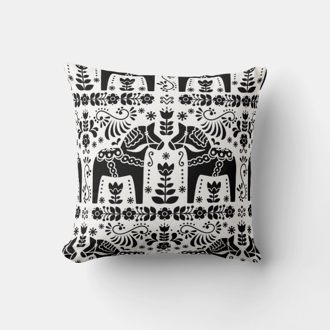 Dala Horse, Black & White Folk Print Throw Pillow (Front)