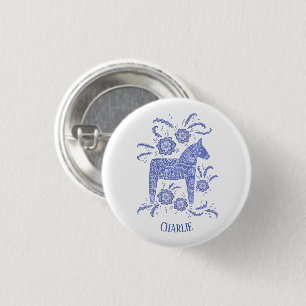Dala Horse Blue Swedish Folk Art Custom Name Button