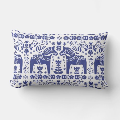 Dala Horse Blue  White Folk Print Lumbar Pillow