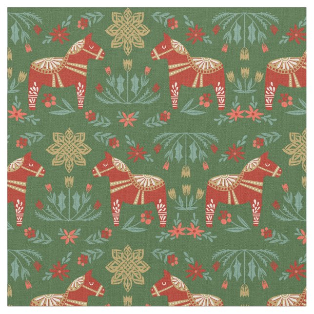 Dala Horse Christmas Folk Fabric (Close Up)