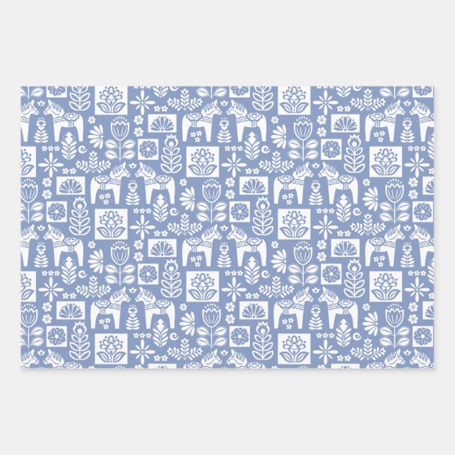 Dala Horse Collage Periwinkle Wrapping Paper Sheets (Front)