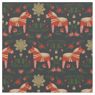 Dala Horse Folk Christmas black Fabric