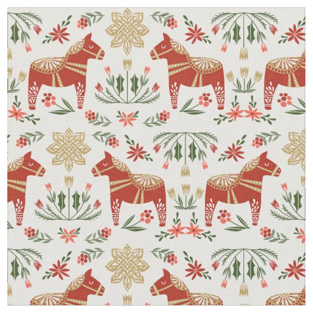 Dala Horse Folk Christmas Fabric (Close Up)