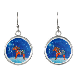 Dala Horse II In Winter Whimsical Art Earrings