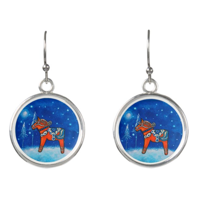 Dala Horse II In Winter Whimsical Art Earrings (Front)